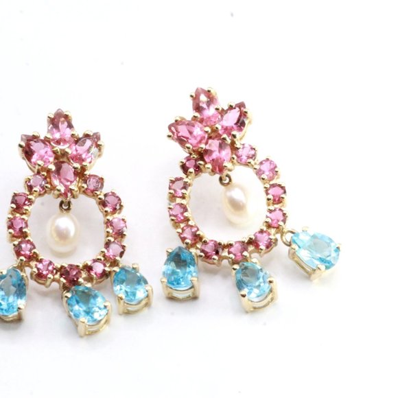 14K Gold Synthetic Tourmaline Topaz Pearl Chandelier Earrings - Picture 5 of 10